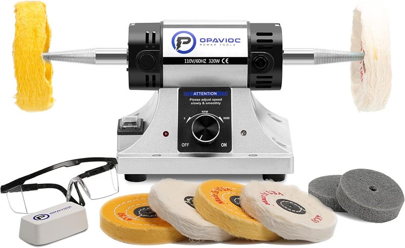 OPAVIOC Jewelry Polisher - Adjustable Variable Speed Bench Grinder Polishing & Buffing Machine, Dental Buffer & Lathe - Includes 6 Cloth Wheels, 2 Abrasive Fiber Wheels, Safety Glass, Polish Compound - Image 1