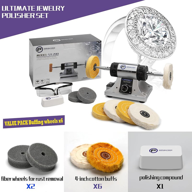 OPAVIOC Jewelry Polisher - Adjustable Variable Speed Bench Grinder Polishing & Buffing Machine, Dental Buffer & Lathe - Includes 6 Cloth Wheels, 2 Abrasive Fiber Wheels, Safety Glass, Polish Compound - Image 2