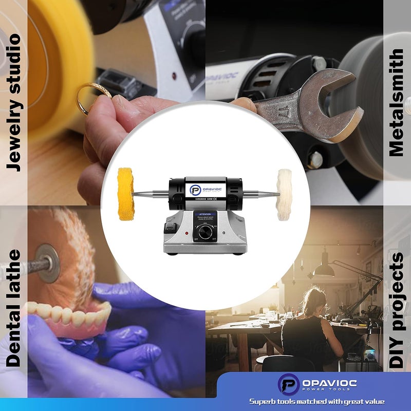 OPAVIOC Jewelry Polisher - Adjustable Variable Speed Bench Grinder Polishing & Buffing Machine, Dental Buffer & Lathe - Includes 6 Cloth Wheels, 2 Abrasive Fiber Wheels, Safety Glass, Polish Compound - Image 5