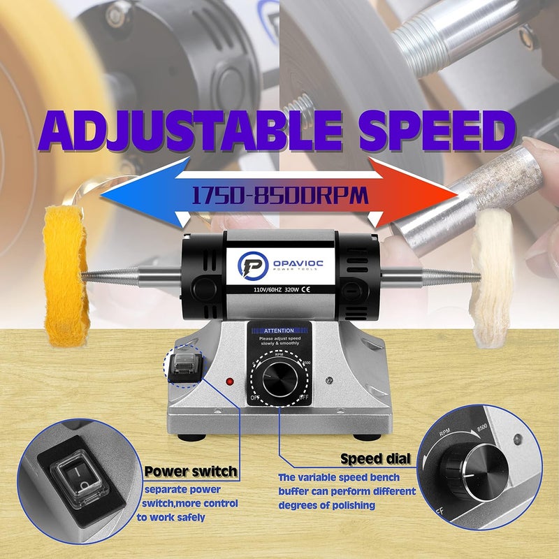 OPAVIOC Jewelry Polisher - Adjustable Variable Speed Bench Grinder Polishing & Buffing Machine, Dental Buffer & Lathe - Includes 6 Cloth Wheels, 2 Abrasive Fiber Wheels, Safety Glass, Polish Compound - Image 4
