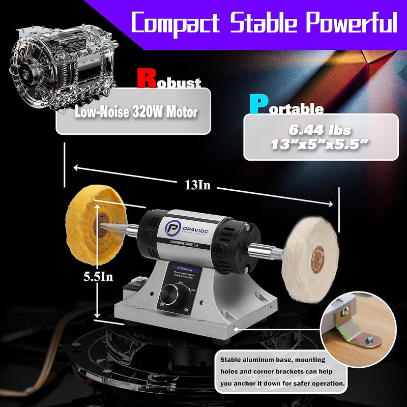 OPAVIOC Jewelry Polisher - Adjustable Variable Speed Bench Grinder Polishing & Buffing Machine, Dental Buffer & Lathe - Includes 6 Cloth Wheels, 2 Abrasive Fiber Wheels, Safety Glass, Polish Compound - Image 3