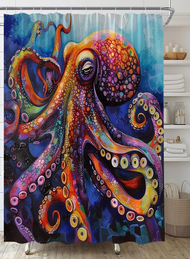 EVRCVAR Octopus Shower Curtain Nautical Kraken Tentacles Colorful Ocean Marine Life Watercolor Art Oil Painting Modern Bathroom Curtain Fabric with Hooks(70" WX70 H) - Image 2