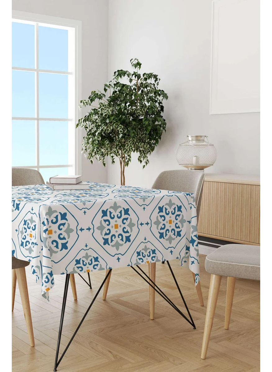 Cango Home White Blue Modern Ethnic Tile Patterned Digital Printed Tablecloth CGH575-MS