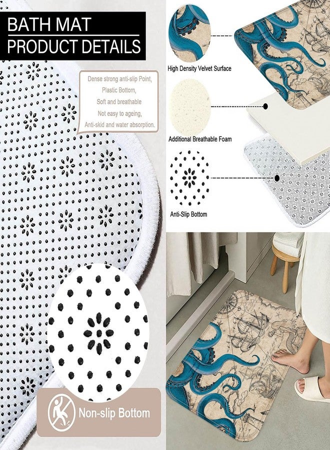 Fungarth 4 Pcs Vintage Nautical Octopus Shower Curtain Set with Rug Retro Coastal Bathroom Sets with Waterproof Shower Curtain and Non Slip Memory Foam Rugs Toilet Lid Cover Bath Mat Decor with Hook - Image 5