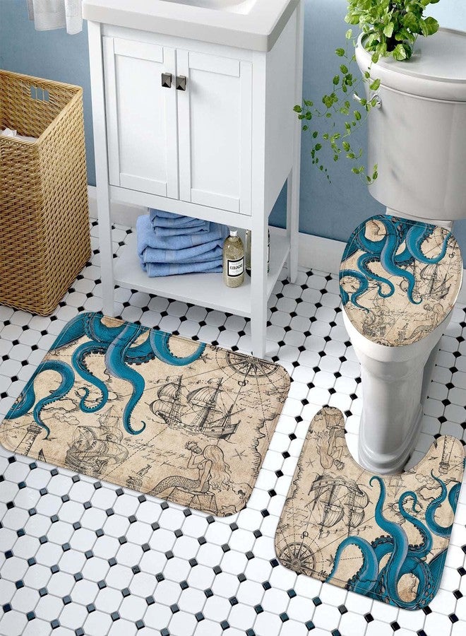 Fungarth 4 Pcs Vintage Nautical Octopus Shower Curtain Set with Rug Retro Coastal Bathroom Sets with Waterproof Shower Curtain and Non Slip Memory Foam Rugs Toilet Lid Cover Bath Mat Decor with Hook - Image 3
