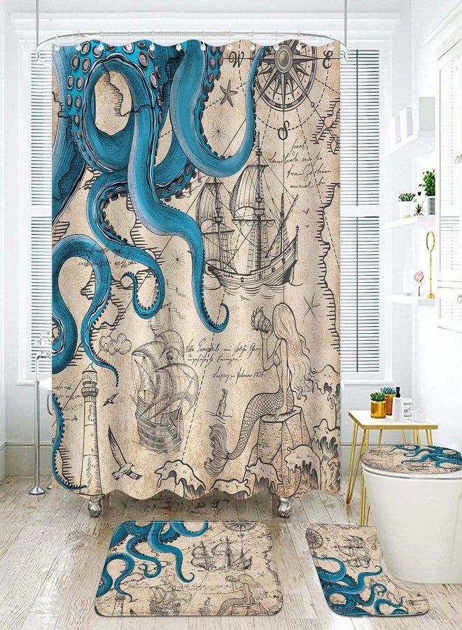 Fungarth 4 Pcs Vintage Nautical Octopus Shower Curtain Set with Rug Retro Coastal Bathroom Sets with Waterproof Shower Curtain and Non Slip Memory Foam Rugs Toilet Lid Cover Bath Mat Decor with Hook - Image 2
