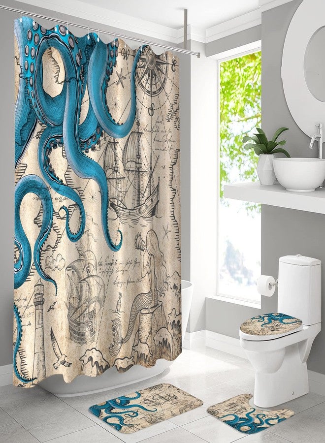 Fungarth 4 Pcs Vintage Nautical Octopus Shower Curtain Set with Rug Retro Coastal Bathroom Sets with Waterproof Shower Curtain and Non Slip Memory Foam Rugs Toilet Lid Cover Bath Mat Decor with Hook - Image 4
