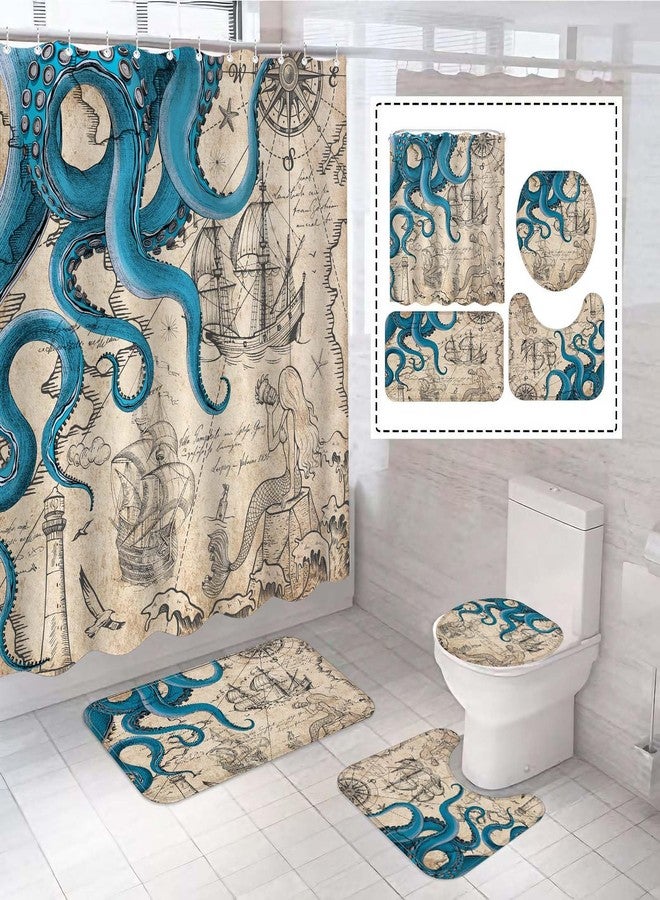 Fungarth 4 Pcs Vintage Nautical Octopus Shower Curtain Set with Rug Retro Coastal Bathroom Sets with Waterproof Shower Curtain and Non Slip Memory Foam Rugs Toilet Lid Cover Bath Mat Decor with Hook - Image 1