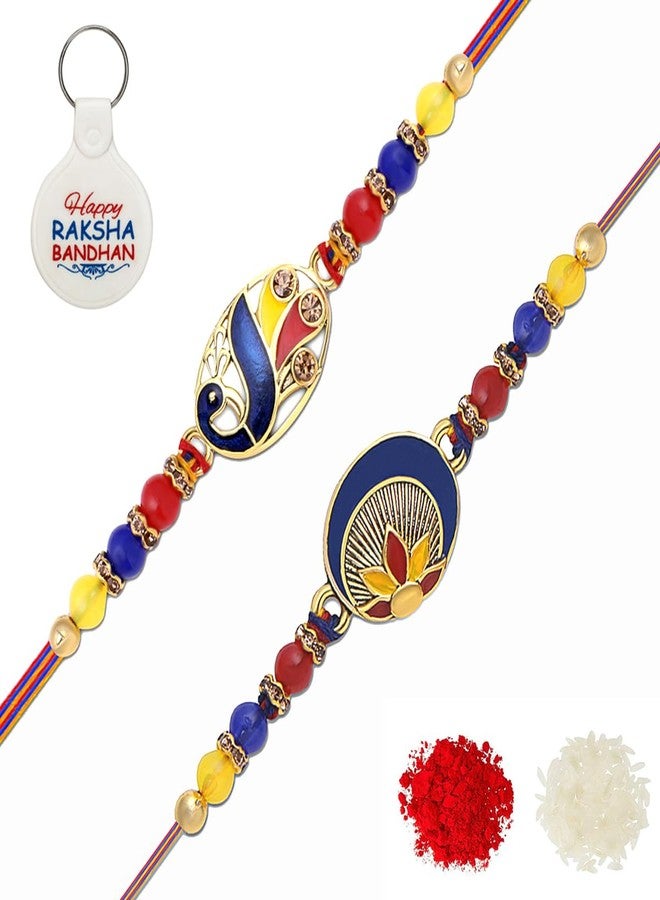 Riddhika Ventures Elegant Gold Plated Meenakari Rakhi (Set of 2) with Roli Chawal, Greeting Card (A1C1K) - Image 1