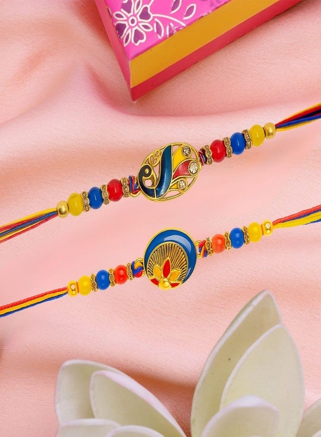 Riddhika Ventures Elegant Gold Plated Meenakari Rakhi (Set of 2) with Roli Chawal, Greeting Card (A1C1K) - Image 3