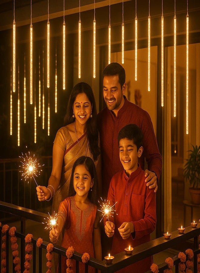MIRADH Rain Drop LED Meteor Shower 192 LEDs 8 Tubes (11.8") | Icicle Falling Effect for Diwali, Christmas, New Year, Home & Outdoor Decoration, Balcony, Tree, Party Decor (Warm White) - Image 5