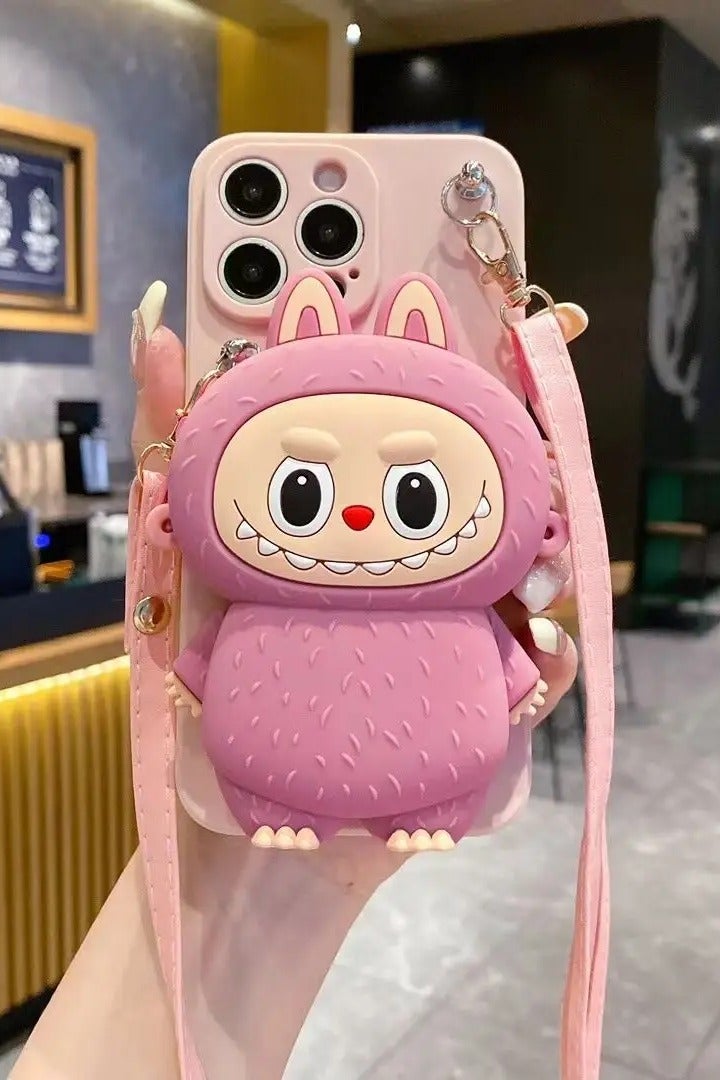 Labubu Phone Case with Wallet & Strap for iPhone 14 Pro Max / 15 Pro Max / 16 Pro Max – Cute Silicone Cover, Shockproof, Travel-Friendly & Card Holder - Image 1