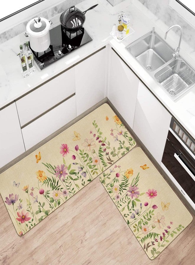 Xsinufn Spring Summer Farmhouse Kitchen Rugs and Mats Set of 2,Flower Floral Butterfly Kitchen Mat,Non Slip Washable Kitchen Floor Sink Mats Decorations for Home Kitchen 18"x48"+18"x30" - Image 2