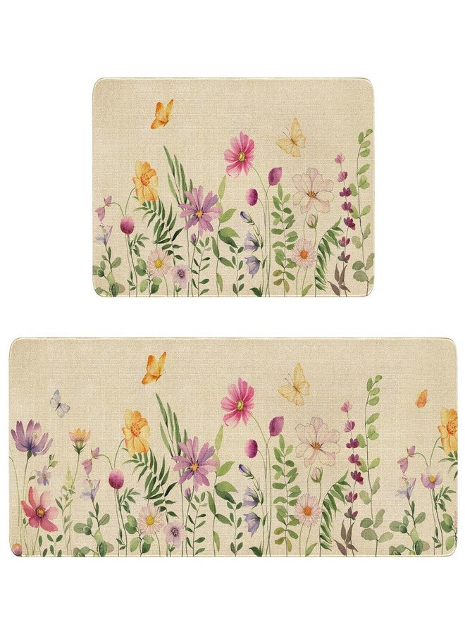Xsinufn Spring Summer Farmhouse Kitchen Rugs and Mats Set of 2,Flower Floral Butterfly Kitchen Mat,Non Slip Washable Kitchen Floor Sink Mats Decorations for Home Kitchen 18"x48"+18"x30" - Image 1