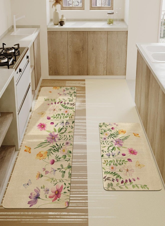 Xsinufn Spring Summer Farmhouse Kitchen Rugs and Mats Set of 2,Flower Floral Butterfly Kitchen Mat,Non Slip Washable Kitchen Floor Sink Mats Decorations for Home Kitchen 18"x48"+18"x30" - Image 3