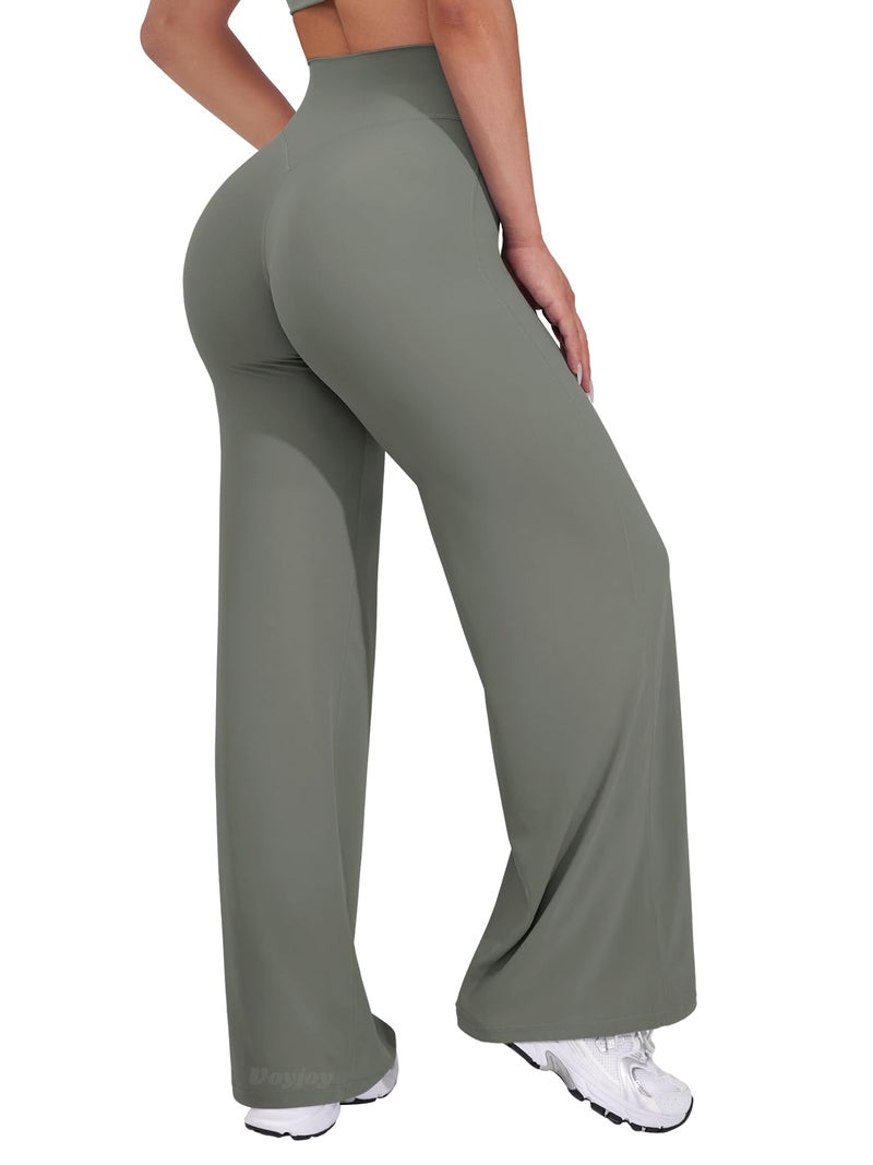 VOYJOY Straight Leggings Bottoms Wide Leg Pants for Women 29"/ 31.5"/33"/35" High Waist Stretch Casual Sweatpants Gray Green - Image 1