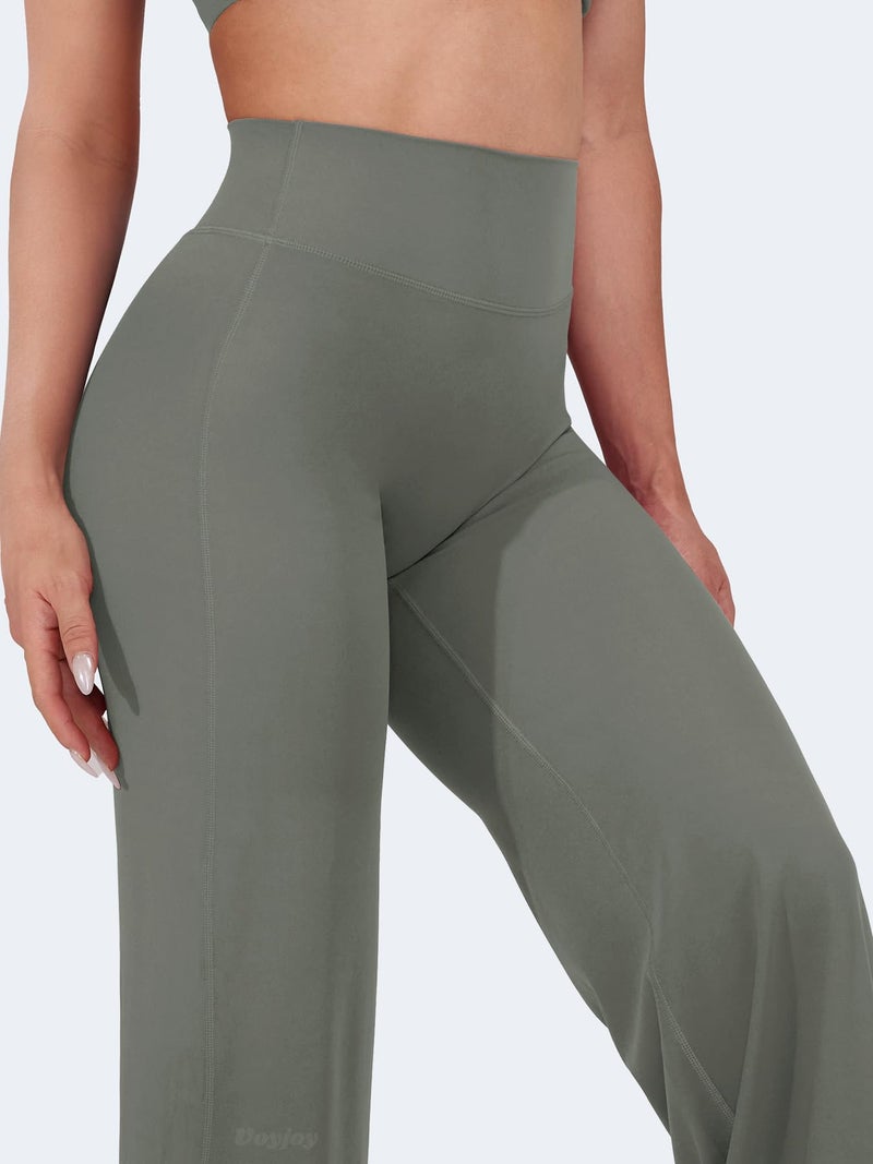 VOYJOY Straight Leggings Bottoms Wide Leg Pants for Women 29"/ 31.5"/33"/35" High Waist Stretch Casual Sweatpants Gray Green - Image 2