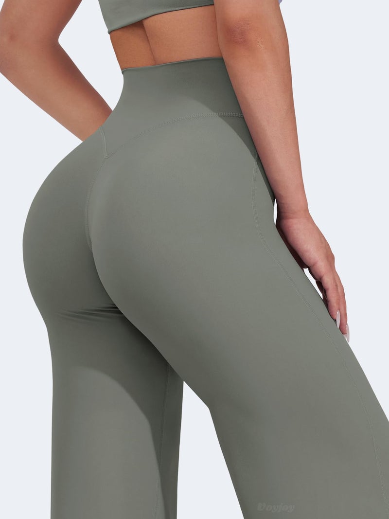 VOYJOY Straight Leggings Bottoms Wide Leg Pants for Women 29"/ 31.5"/33"/35" High Waist Stretch Casual Sweatpants Gray Green - Image 3