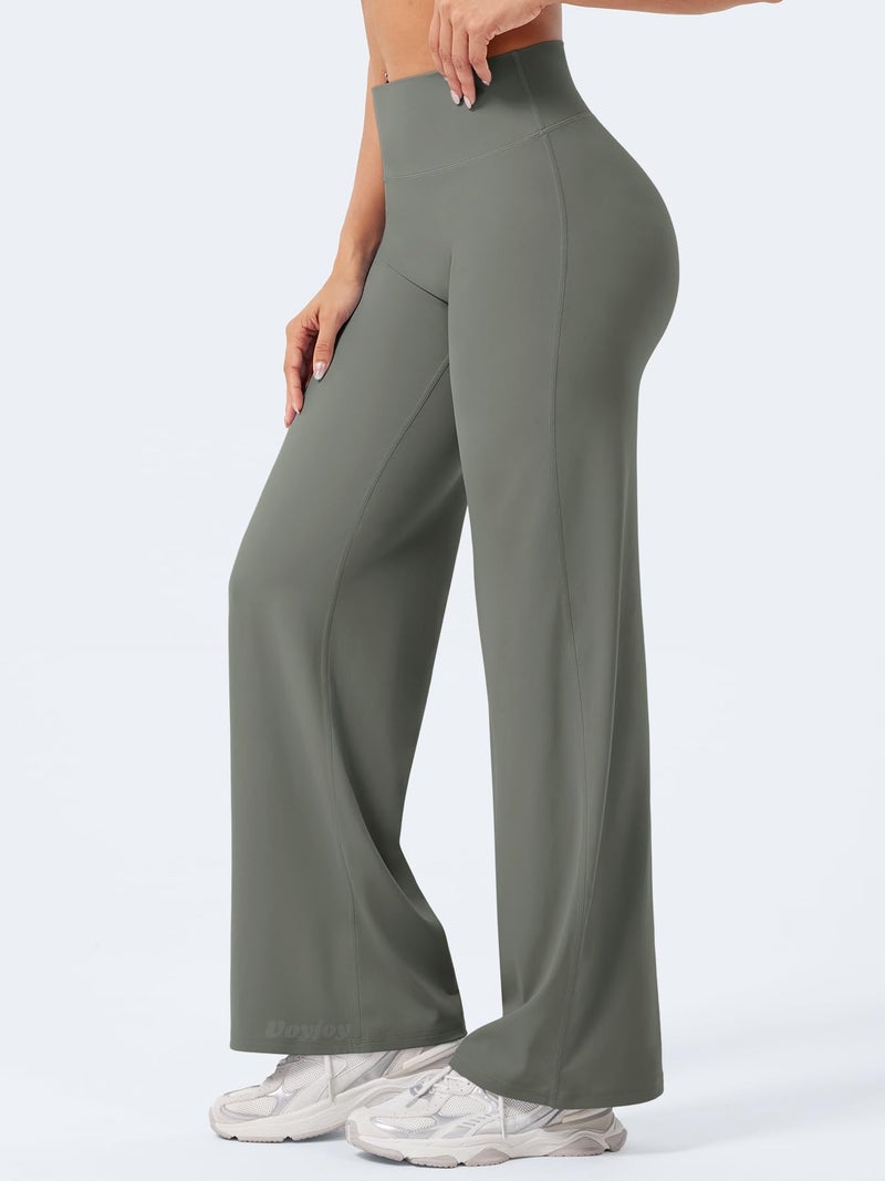 VOYJOY Straight Leggings Bottoms Wide Leg Pants for Women 29"/ 31.5"/33"/35" High Waist Stretch Casual Sweatpants Gray Green - Image 5