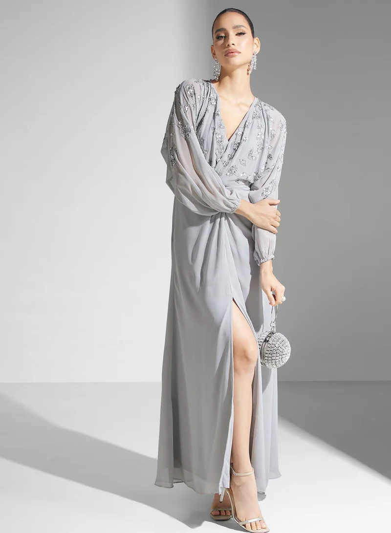 Frock and Frill Puff Sleeve Front Slit Embellished Dress