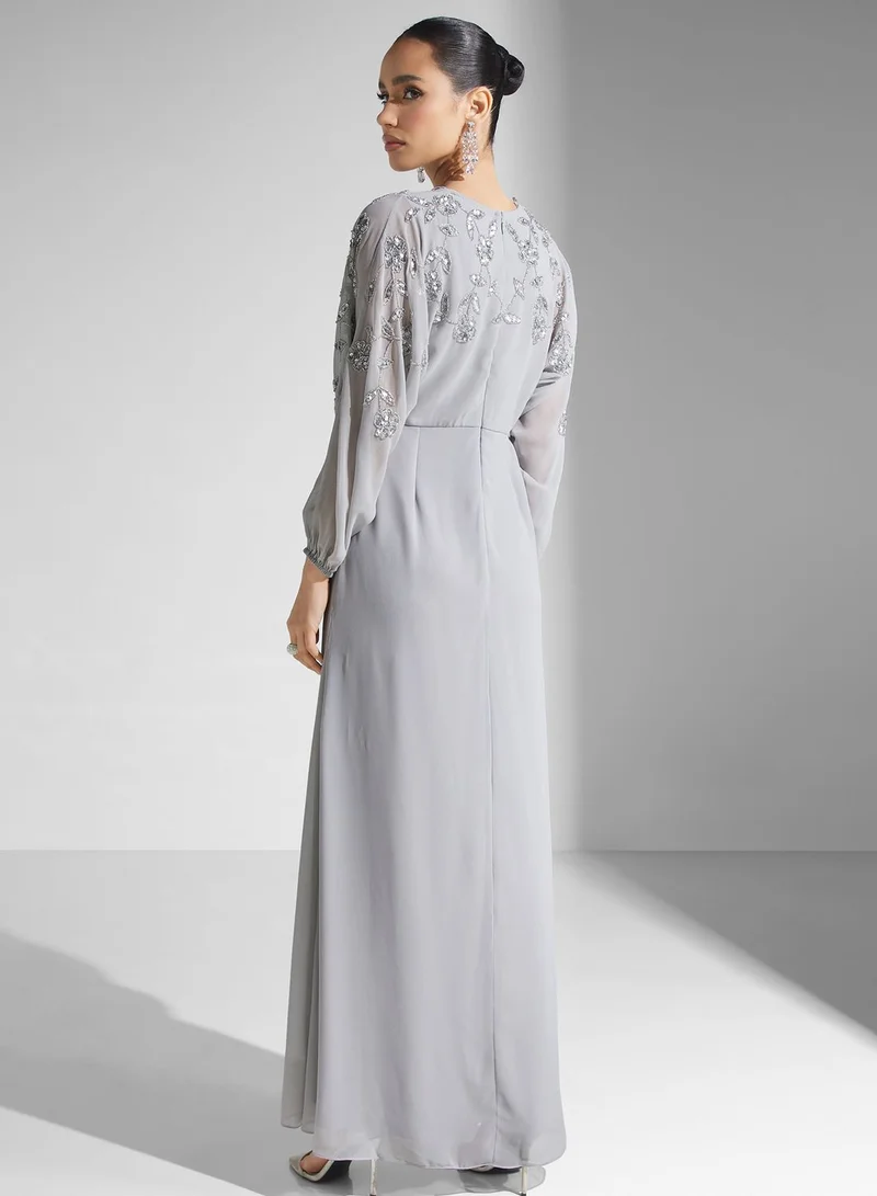 Frock and Frill Puff Sleeve Front Slit Embellished Dress