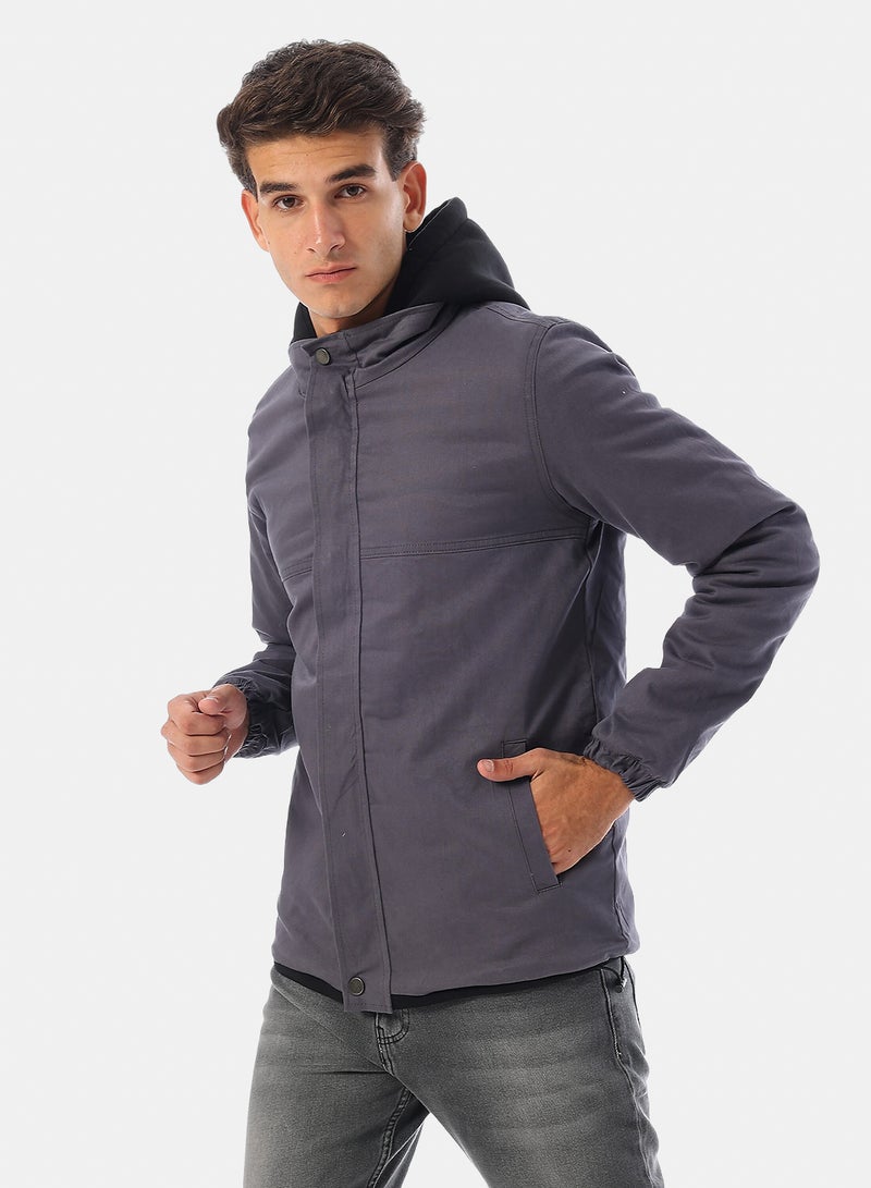 Andora Bi Tone Zipped Hooded Gabardine Jacket - Grey & Black - Image 2