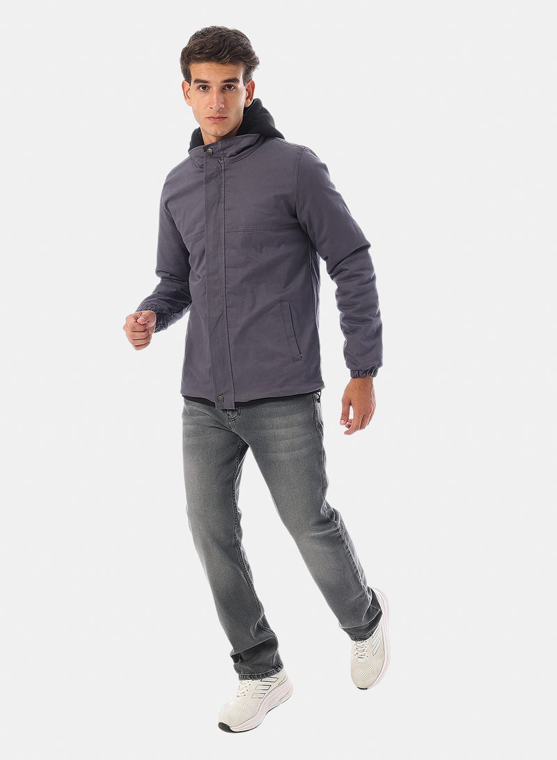 Andora Bi Tone Zipped Hooded Gabardine Jacket - Grey & Black - Image 5