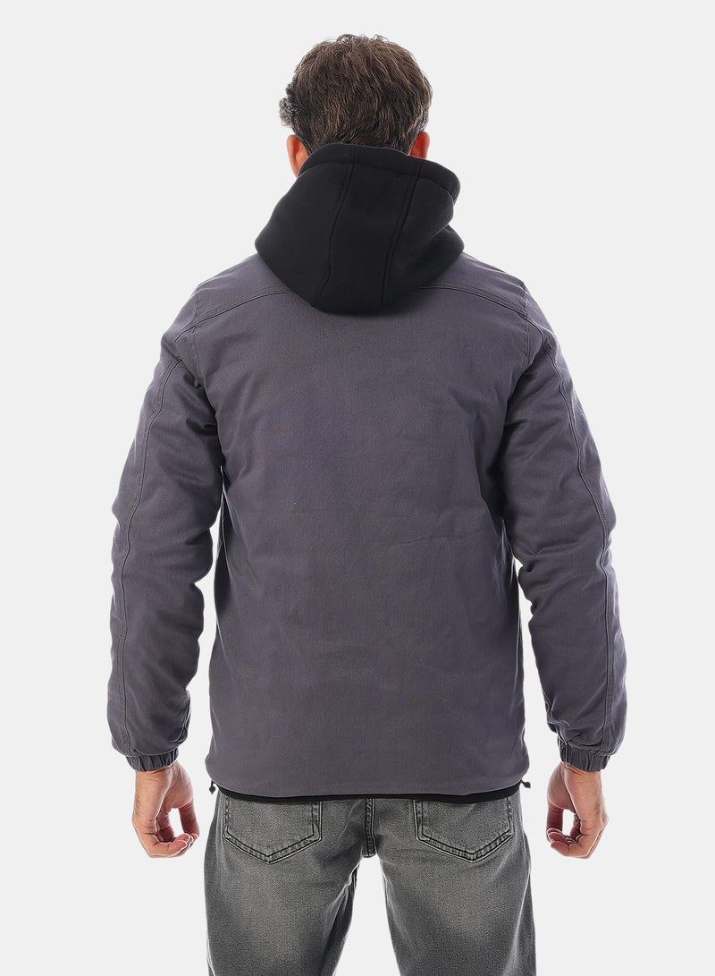 Andora Bi Tone Zipped Hooded Gabardine Jacket - Grey & Black - Image 3