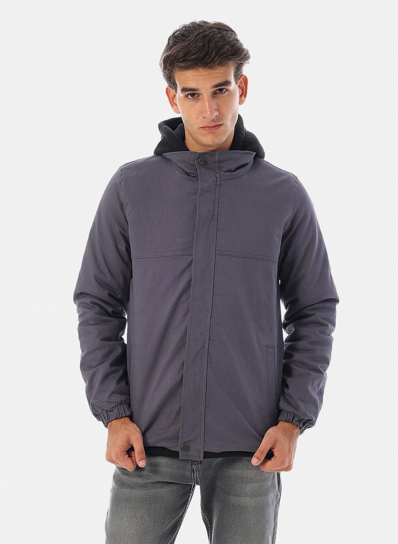 Andora Bi Tone Zipped Hooded Gabardine Jacket - Grey & Black - Image 1