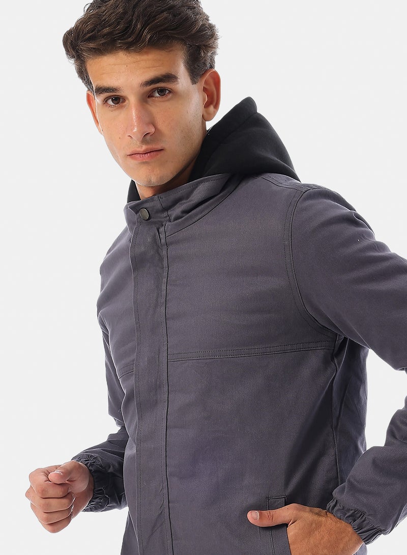 Andora Bi Tone Zipped Hooded Gabardine Jacket - Grey & Black - Image 4