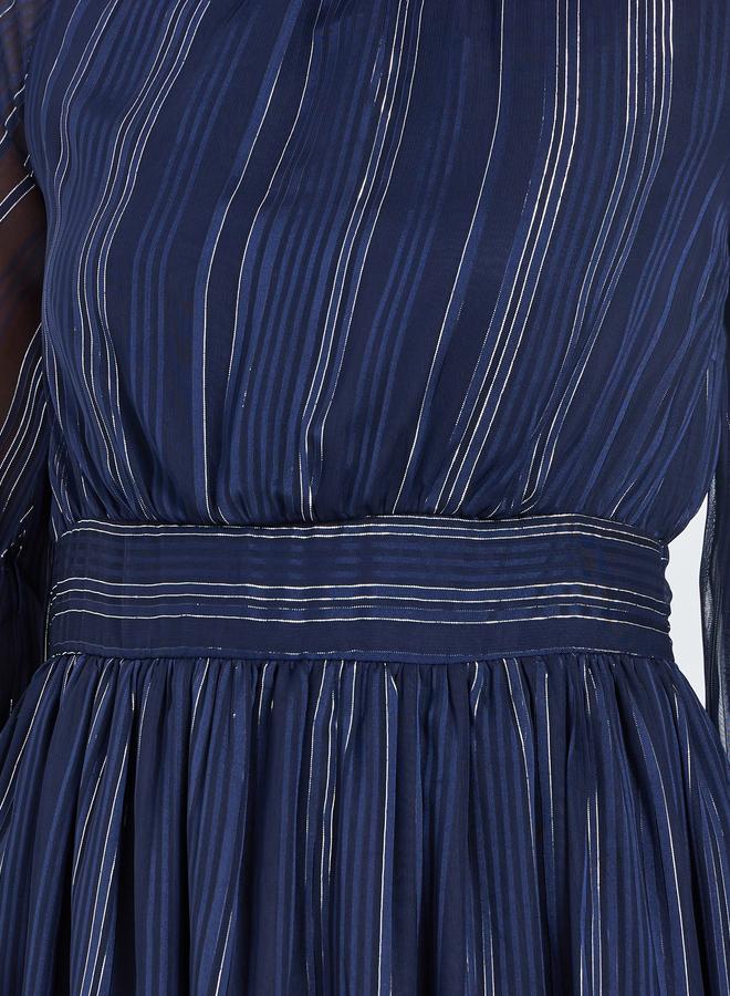 ستايلي فستان طويل مخطط بأكمام بالون أزرق - Image 4