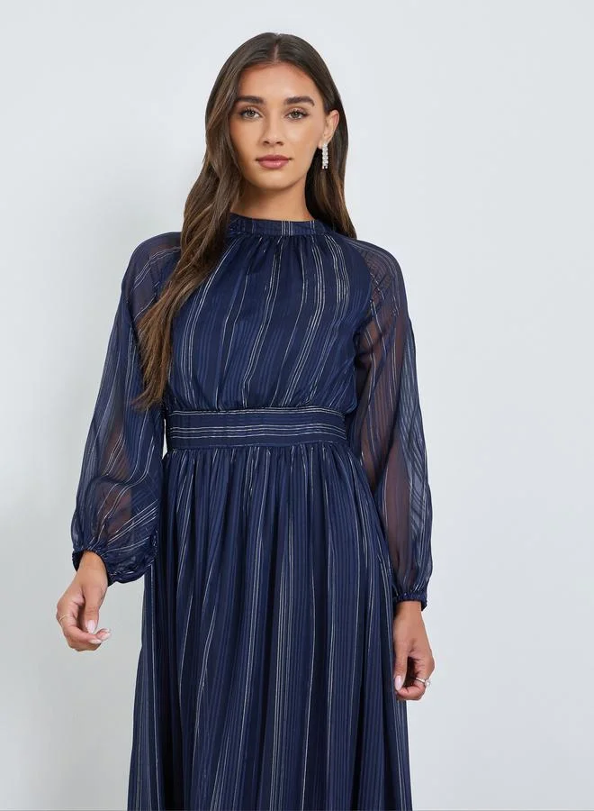 Styli Women Blue Striped Balloon Sleeves A-Line Maxi Dress