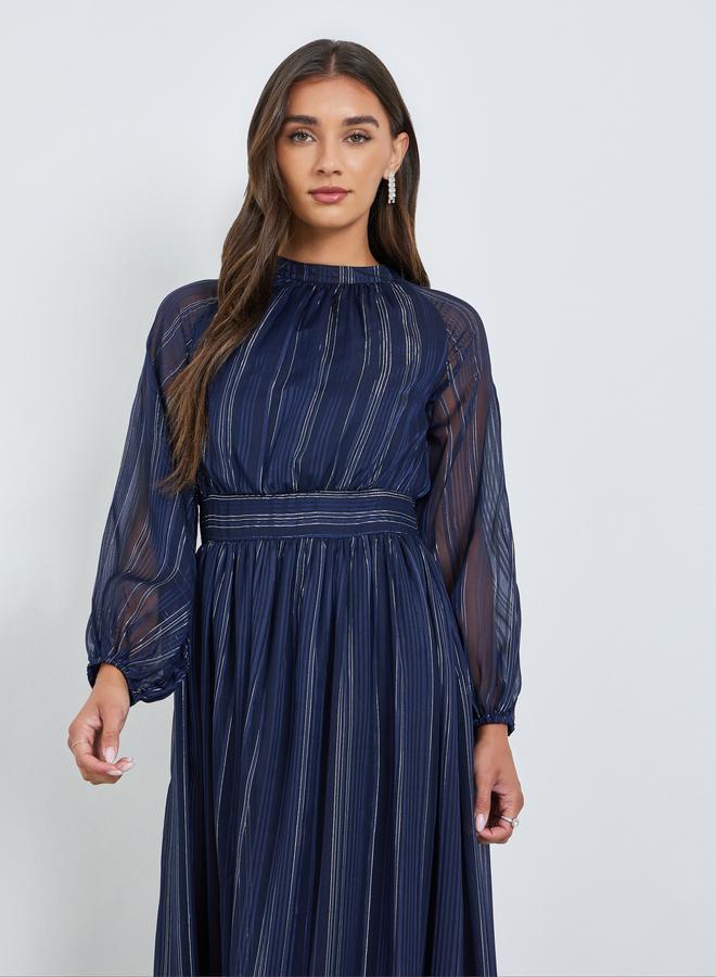 ستايلي فستان طويل مخطط بأكمام بالون أزرق - Image 2