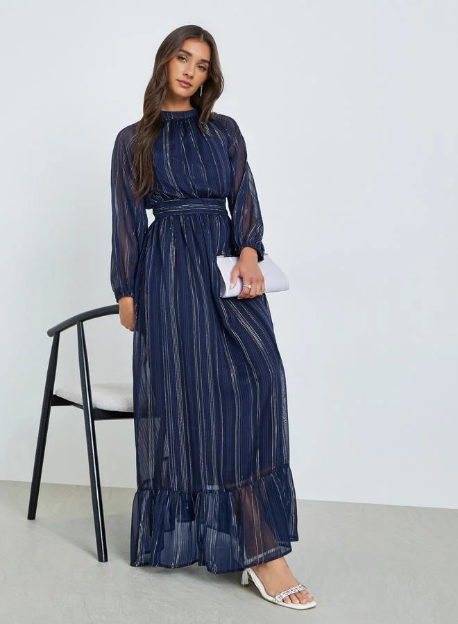 Styli Women Blue Striped Balloon Sleeves A-Line Maxi Dress