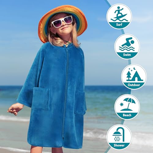 Suncube SUN CUBE Hooded Towel Robe for Kids, Zip Up Swim Parka Beach Cover Up for Girls, Surf Poncho for Boys Warm Changing Bath Towel for Pool with Zipper Hood 7-10, Sea Blue - Image 5