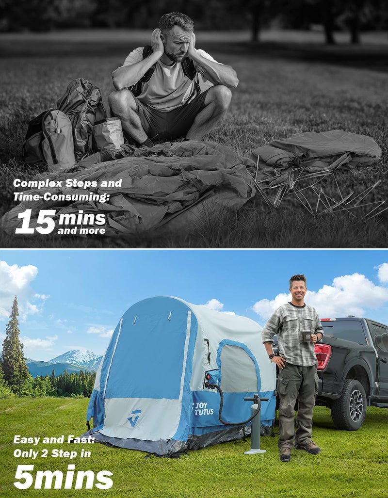 JOYTUTUS Inflatable Truck Bed Tent with Awning, Includes Air Pump for Quick 30 S Setup, Dual-use Pickup Tent or Camping Tent for 2 Person, 5.5'-6' Truck Tent with Waterproof Roof Shade and 3 Windows - Image 2