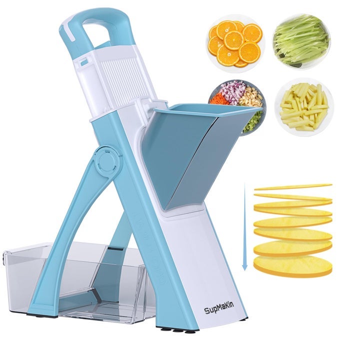 UPGRADE SAFE MANDOLINE SLICER PLUS FOR KITCHEN BIGGER PORT VEGETABLE FOOD POTATO CHOPPER ADJUSTABLE THICKNESS JULIENNE DICER SALAD MAKING CHOPPING ARTIFACT BLUE WHITE