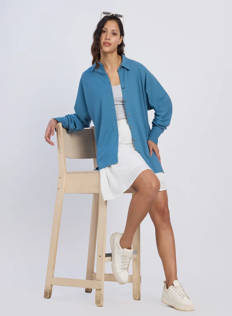 PINACOLADA Women's Azure Blue Solid Oversized Shirt For Casual Wear | Spread Collar | Long Sleeves | Button Closure | Shirt Designed With Comfortable Fit For Woman & Girls