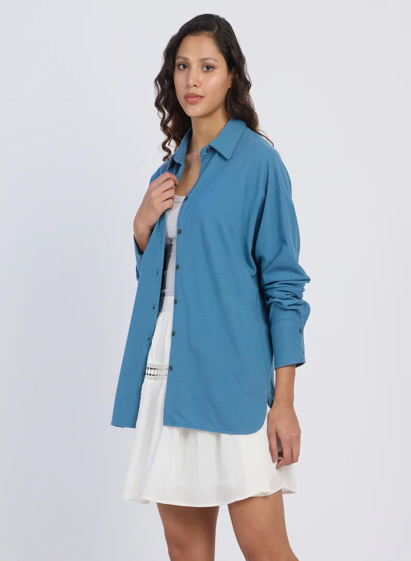 بينيا كولادا Women's Azure Blue Solid Oversized Shirt For Casual Wear | Spread Collar | Long Sleeves | Button Closure | Shirt Designed With Comfortable Fit For Woman & Girls