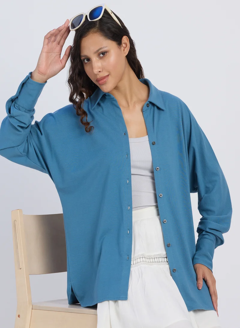 بينيا كولادا Women's Azure Blue Solid Oversized Shirt For Casual Wear | Spread Collar | Long Sleeves | Button Closure | Shirt Designed With Comfortable Fit For Woman & Girls