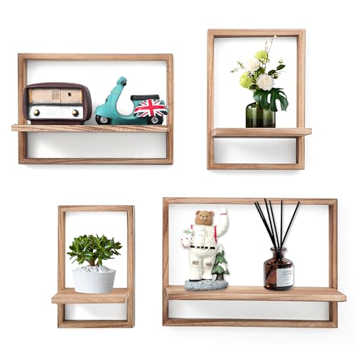 PHOENANCEE Square Floating ShelvesFramed Wall Shelf Decorative Set of 4Modern Plants Hanging Display Art Decor Storage for Livingroom Bedroom Bathroom FarmhouseHome Light WoodCarbonized Black - Image 1