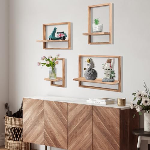PHOENANCEE Square Floating ShelvesFramed Wall Shelf Decorative Set of 4Modern Plants Hanging Display Art Decor Storage for Livingroom Bedroom Bathroom FarmhouseHome Light WoodCarbonized Black - Image 3