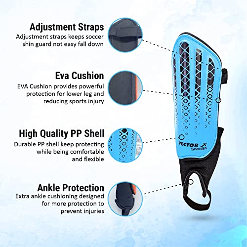 Vector X Samba Shinguard with Ankle Adjustable | Training and Practice | for Girls and Boys | (Junior, Blue-Black) - Image 2
