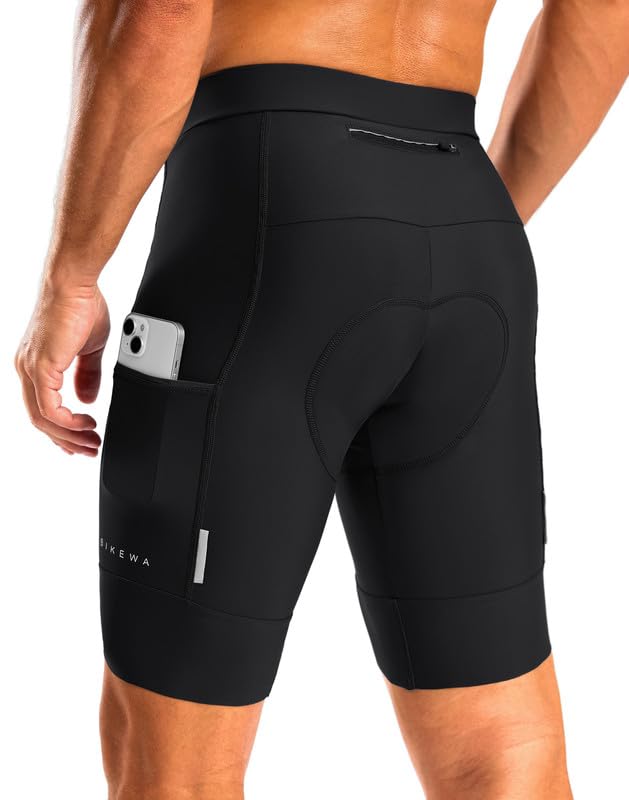 Bikewa شورتات دراجات بيكوا للرجال 4D مع وسادة لركوب الدراجات للرجال على الطرق مع جيوب بسحاب (أسود، L) - Image 1