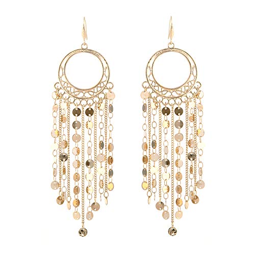 NTLX Bohemian Boho Tassel Dangle Drop Earrings for Women – Lightweight Filigree Gypsy Coin Chandelier Disc Charm Hoops – included Gift Box (Round - Gold) - Image 1