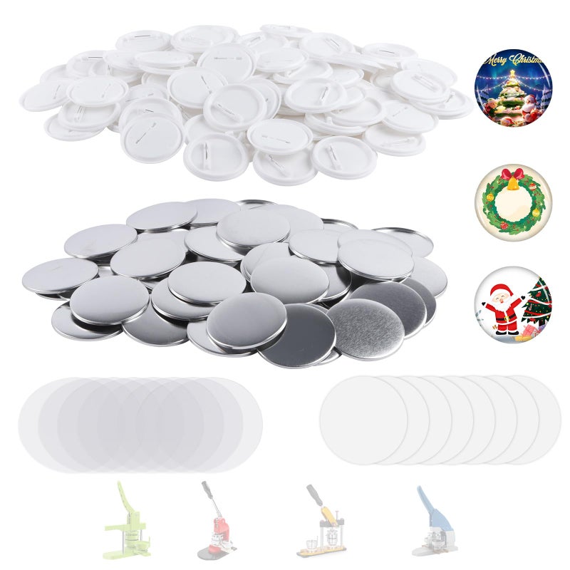 MK.Bear 200 Sets 58mm/2.25 inch Button Maker Supplies, Pin Back Button Parts for Button Maker Machine 58mm, Including Metal Covers, Plastic Back Covers, Clear Plastic Film&Blank Paper - Image 1