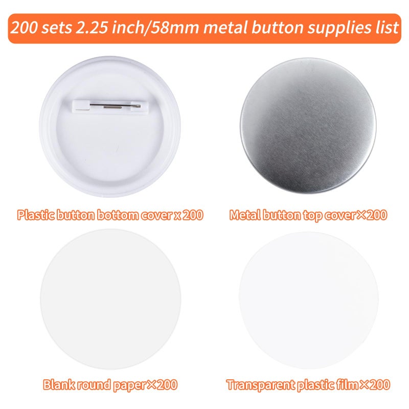 MK.Bear 200 Sets 58mm/2.25 inch Button Maker Supplies, Pin Back Button Parts for Button Maker Machine 58mm, Including Metal Covers, Plastic Back Covers, Clear Plastic Film&Blank Paper - Image 2