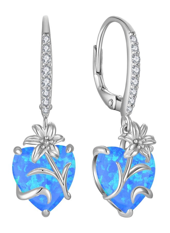 واي أل أقراط متدلية على شكل قلب من الفضة الإسترليني للنساء، أقراط على شكل زهرة الزنبق مع مشبك خلفي، مجوهرات زهرة من الأوبال الأزرق الصناعي - Image 1