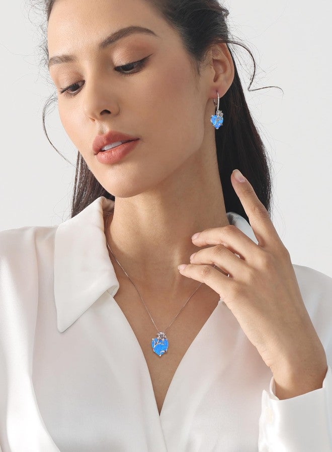 واي أل أقراط متدلية على شكل قلب من الفضة الإسترليني للنساء، أقراط على شكل زهرة الزنبق مع مشبك خلفي، مجوهرات زهرة من الأوبال الأزرق الصناعي - Image 2