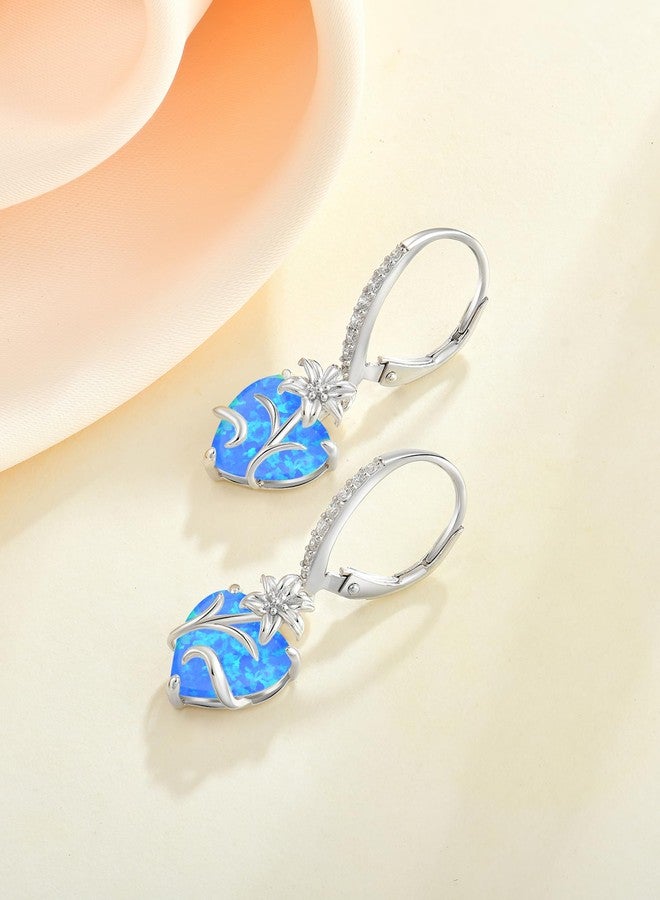 واي أل أقراط متدلية على شكل قلب من الفضة الإسترليني للنساء، أقراط على شكل زهرة الزنبق مع مشبك خلفي، مجوهرات زهرة من الأوبال الأزرق الصناعي - Image 5